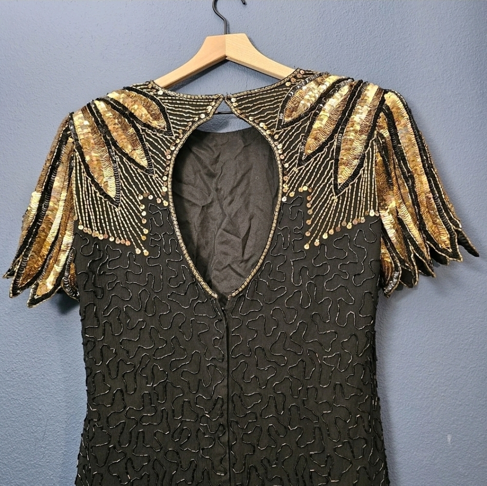 Vintage Black Dress with Gold Sequin Shoulder Detail - Picture 6 of 12
